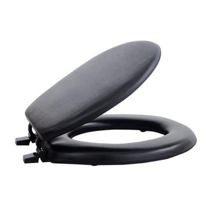 PowerSellerUSA Vinyl Round Soft Toilet Seat, Adjustable Hinges Toilet Seats with Non Slip Grip Tight Bumpers, Standard Heavy Duty Plastic Bathroom Toilet Seat Close Lid Set, Black - color: Black - Vinyl, size: 17" Standard