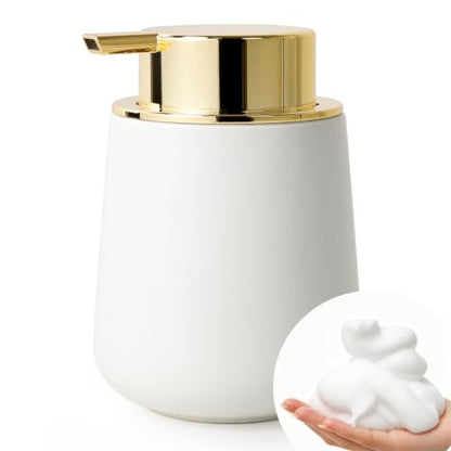 Bosilunlife 12Oz Ceramic Foam Soap Dispenser for Bathroom Kitchen Counter | Premium countertop foam pump creates delicate dense foam, stable desktop placement, Matte White with Gold - color: White&gold