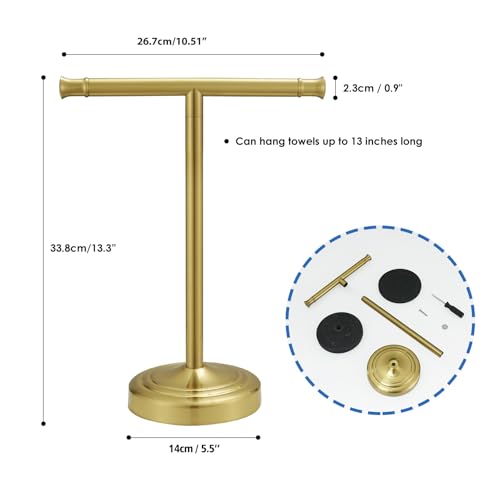 RUMOSE Brushed Gold Hand Towel Holder Stand Countertop Towel Rack | 13 Inch Bathroom Kitchen Vanity T-Shape Towel Stand Free Standing Stainless Steel Towel Bar Towel Ring - color: Brushed Gold