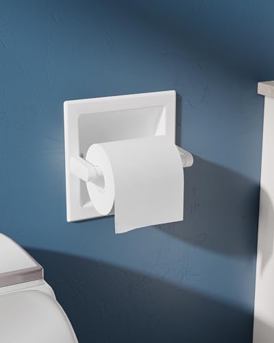 White Recessed Toilet Paper Holder Wall Mounted Stainless Steel | Post Pivoting Design Easy to Change Roll, in Wall Toilet Paper Holder for Mega Roll for Bathroom Waterproof & Rustproof - color: White