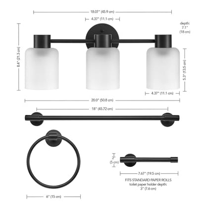 Globe Electric 4-Piece All-in-One Bathroom Set, Matte Black, 3-Light Vanity Light with Frosted Glass Shades, Towel Bar, Toilet Paper Holder, Towel Ring - color: Matte Black, Frosted Glass, 3-Light