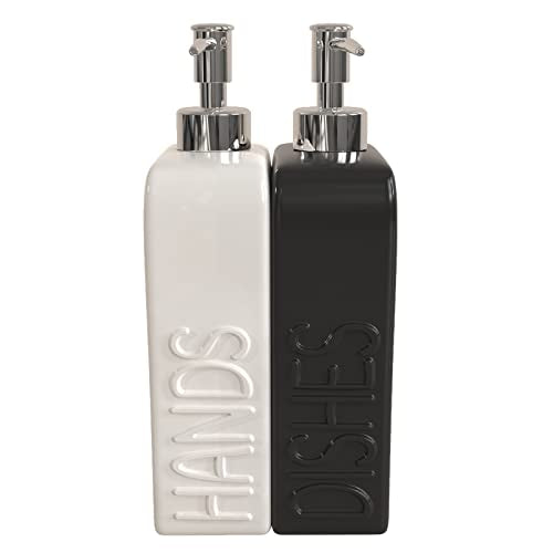 Soap Dispenser Set with Funnel, Non-Slip Silicone Pads, 2 Pack Ceramic Refillable Dish Soap and Hand Soap Dispenser for Kitchen, Bathroom, Matte Black and White - color: White & Black