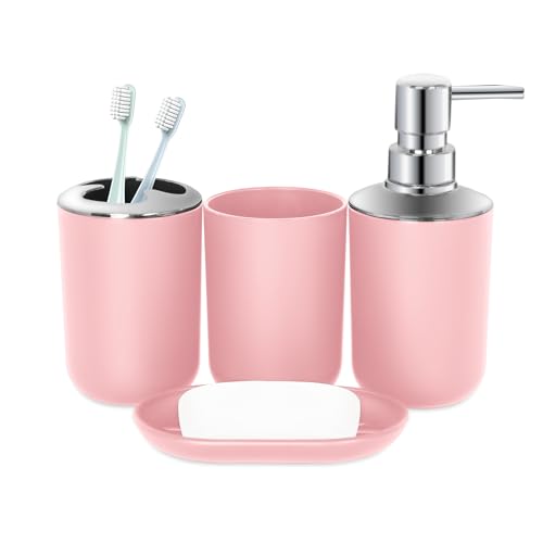 Pink Bathroom Accessories Set 4 PCS, Pink Bathroom Accessories | Plastic Soap Dispenser and Toothbrush Holder Set, Soap Dish and Mouthwash Cup, Boho Bathroom Decor, Bathroom Set - size: 4Pcs Pink