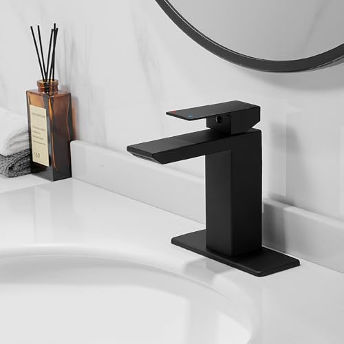 RUMOSE Bathroom Faucets 1 & 3 Hole Vanity Faucet with Drain Matte Black | Single Handle Bathroom Sink Faucet Set Waterfall Spout Kit with Deck Plate Rv Lavatory Basin Faucet, Stainless Steel - color: Matte Black