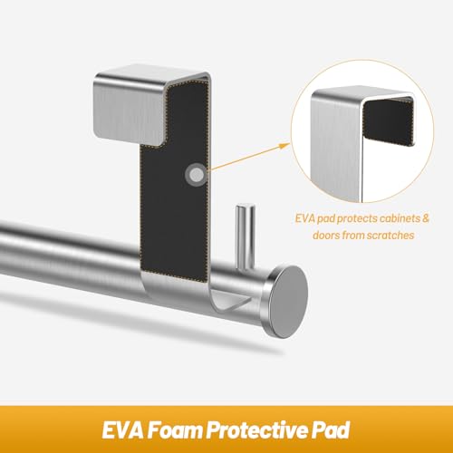 VEHHE Stainless Steel Expandable Towel Rack for Under Cabinet, Adjustable Over the Door Towel Rack with Hanging Hooks for Kitchen Cabinet, Bathroom Sponge Hand Towel Storage, Rust Proof Organizer