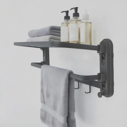 24 Inches Bathroom Shelves Towel Holder Modern Towel Racks for Bathroom Wall Mounted Foldable Towels Shelf Holder with 5 Hooks Double Towels Bar for Bathroom Lavatory Shower Wall (No Drilling)