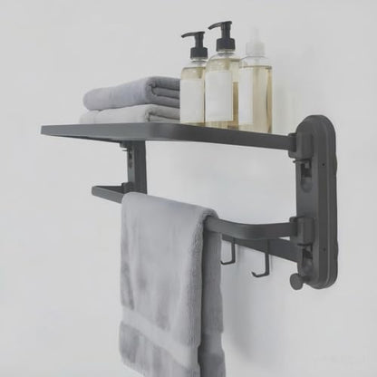 24 Inches Bathroom Shelves Towel Holder Modern Towel Racks for Bathroom Wall Mounted Foldable Towels Shelf Holder with 5 Hooks Double Towels Bar for Bathroom Lavatory Shower Wall (No Drilling)