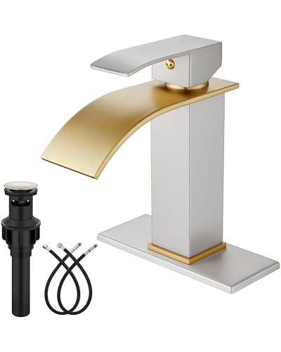 Midanya Waterfall Bathroom Faucet 1 Hole,Brushed Gold Spout/Brushed Nickel | with 24” Hoses,Pop Up Drain,6” Deck Plate,for 1 or 3 Hole Vanity,Lavatory,RV,Single Handle Bathroom Sink Faucet,NSF Certified - color: Gold Spout/Nickel