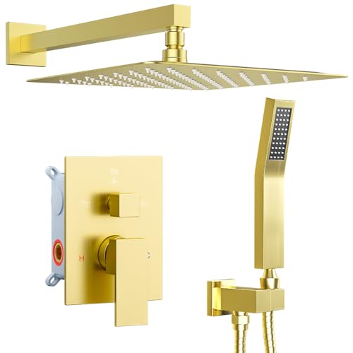 STARBATH Shower Faucet Set Shower System with Diverter Valve, Brushed Gold | 12" Wall Mount Rain Shower Head and Handheld Spray for Two Person, Shower System with Diverter Valve and Trim Kit Complete - color: Gold, size: 12"-01