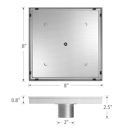 8 Inch Square Shower Drain with Tile Insert Grate, Brushed | 304 Stainless Steel, Square Tile Floor Drain for Bathroom, Removable Tile-In Drain Grate with Hair Strainer, cUPC Certified - size: 8 inch