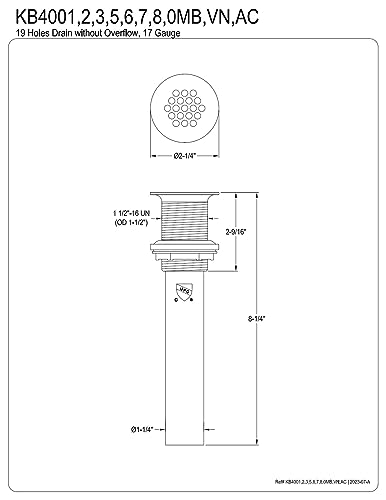 Kingston Brass KB4007 Fauceture Grid Drain without Overflow, Brushed Brass, 8.25 x 2.25 x 2.25