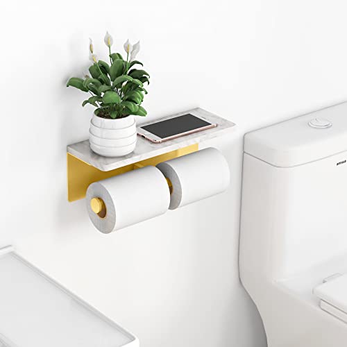 Gypie Brushed Gold Toilet Paper Holder with Marble Shelf, Double Rolls | Toilet Paper Holder with Storage, Toilet Paper Wall Mount for Bathroom Washroom - color: Gold Double