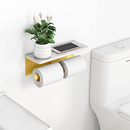 Gypie Brushed Gold Toilet Paper Holder with Marble Shelf, Double Rolls | Toilet Paper Holder with Storage, Toilet Paper Wall Mount for Bathroom Washroom - color: Gold Double