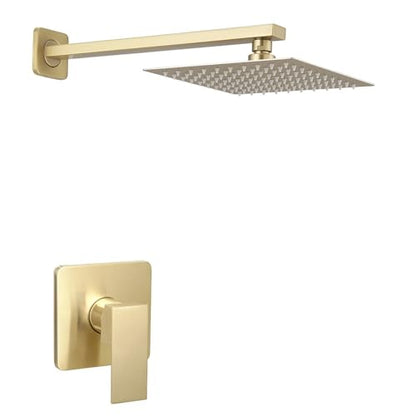 Brushed Gold Shower Faucet Set, Single Function Shower Trim Kit with Rough-in Valve, Square Rain Shower Head System Included Extra Long Shower Arm for Bathroom - color: Brushed Gold, style: Shower Faucet