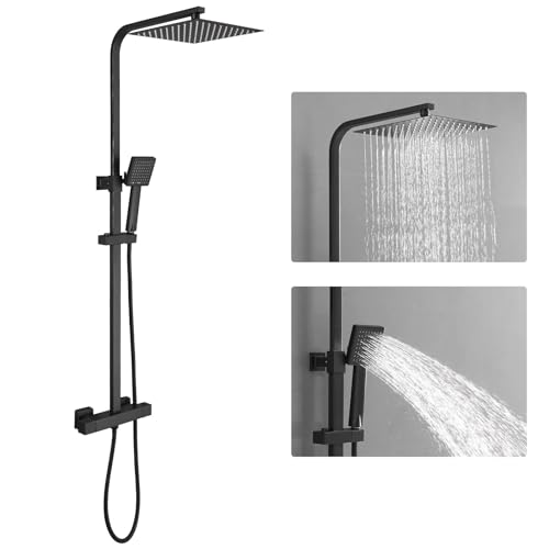 Matte Black Exposed Shower System 9 Inch Rainfall Shower Head | Handheld Spray Single Handle Center Wall Mount Bathroom Shower Faucet with Square Shower Head by Homevacious - color: Matte Black, style: 2-Function