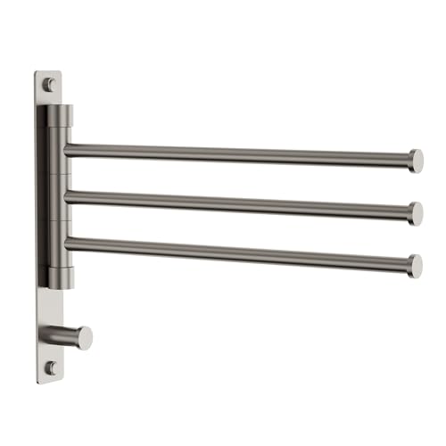 Swivel Towel Rack, Brushed Nickel, 12.5 in, 3-Arm Towel Bar | 304 Stainless Steel, Space Saving, Wall Mounted, With Hook - color: Brushed Nickel