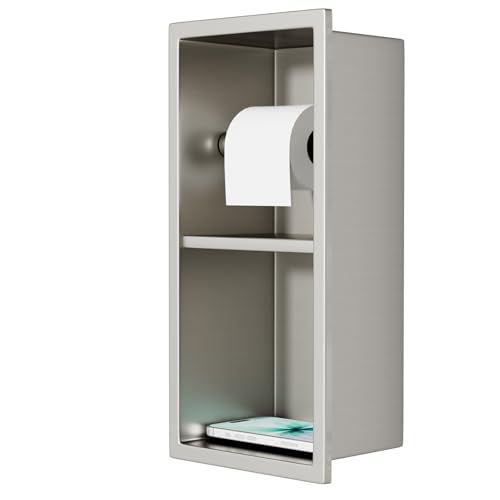 Recessed Toilet Paper Holder 304 Stainless Steel, DAYONE Bathroom Toilet Paper Holder with Storage, Insert Recessed Double Roll Toilet Holder Shelf Organizer, Brushed Nickel - color: Brushed Nickel, size: Small