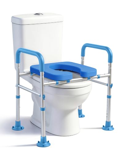 Adjustable Raised Toilet Seat with Handles for Seniors, Blue | 400lbs Capacity Elongated Toilet Seat Riser, Elevated Toilet Seat with Soft Cushion & Removable Armrests - color: Cozy Blue
