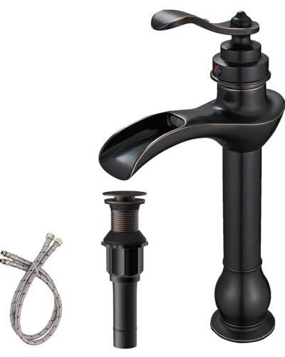 BWE Vessel Sink Faucet Oil Rubbed Bronze Tall Waterfall Bathroom Faucet | Bathroom Vanity Faucet with Pop Up Drain Assembly and Supply Hose Single Handle 1 Hole Lavatory Mixer Tap Tall Body - color: Oil Rubbed Bronze