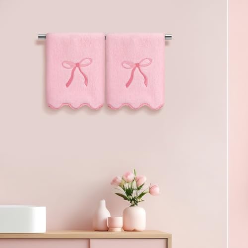 SmoothNovelty 2 Pcs Scalloped Pink Bow Fingertip Towels for Bathroom 12 x 18 Inch Small Fingertip Towels with Embroidery Coquette Bow 100% Cotton Soft Absorbent Guest and Housewarming Gift
