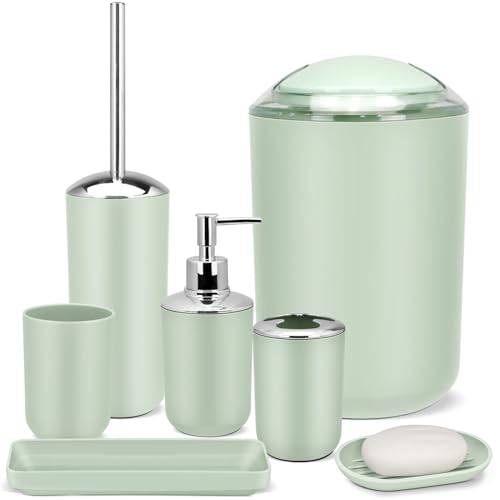 IMAVO Bathroom Accessories Set,Green Bathroom Set,7 Pieces Bathroom Accessory Set,Tray,Toilet Brush,Trash Can for Bathroom Décor and Housewarming Gifts - color: Green, size: 7 Pcs Bathroom Set