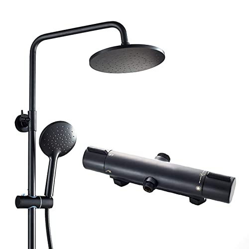 Thermostatic Shower System Bathroom, Wall Mounted Shower Set Modern with Overhead Shower Head, Adjustable Shower Mixer Set for Hotel Gym,Silver,Black - color: Black