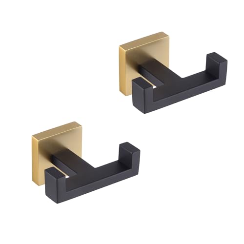 GERZWY Bathroom Hooks, Double Towel Robe/Coat Clothes Hook Stainless Steel Hanger Wall Hooks Heavy Duty for Bath Wall Mounted 2 Pack (Black & Gold) AG1417B-BD - color: Black & Gold