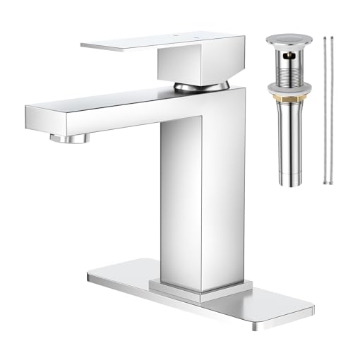 Faustina Polished Chrome Bathroom Faucet, Single Handle Stainless Steel Bathroom Vanity Faucet with Metal Pop-Up Drain and Deck Plate for 1 or 3 Hole - color: Chrome, style: Classic