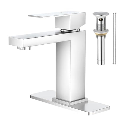 Faustina Polished Chrome Bathroom Faucet, Single Handle Stainless Steel Bathroom Vanity Faucet with Metal Pop-Up Drain and Deck Plate for 1 or 3 Hole - color: Chrome, style: Classic