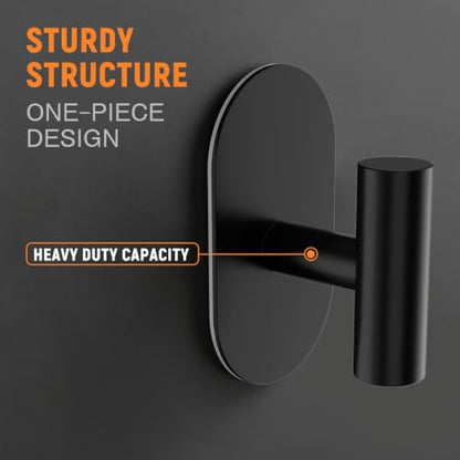 SetSail Adhesive Towel Hooks,Bathroom Black Towel Holder for Wall,4 Packs | Adhesive Hooks Heavy Duty,Coat Hanging No Drill,Stick on Hook,Matte Black Hooks,Oval Shower Towel Holder