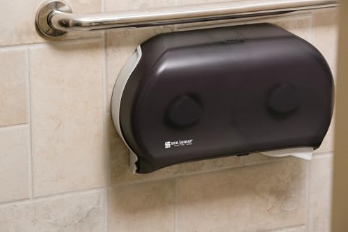 San Jamar Classic Bath Tissue Dispenser – Twin 9", Jumbo Bath Tissue Holder for Bathroom, Dual-Roll System, Break-Resistant Plastic, 3.25" Core, 12" × 19" × 5.25", Pearl Black