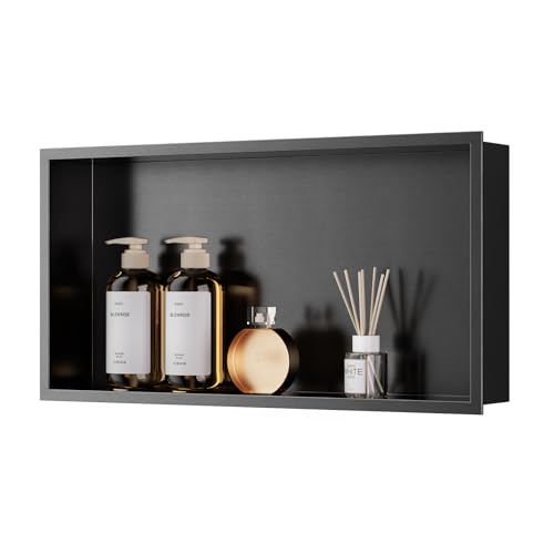 QAOYEDE Shower Niche No Tile Needed 24"x12", Stainless Steel Shower Niche | Dark Grey Black, Recessed Shower Shelf With Partition Plate for Bathroom Storage - color: Dark Grey Black, size: 24x12 Inch