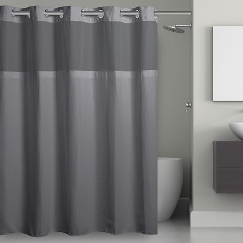 Hookless It’s A Snap! Waffle Shower Curtain, 3-in-1 Shower Curtain Includes Fabric Shower Curtain with Sheer Top Window, Flex-On Rings & Fabric Liner, 71” x 74”, Frost Grey - color: Frost Grey, size: 71"W x 74"L (Pack of 1), style: Without Magnets