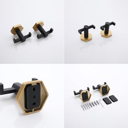 GERZWY Stainless Steel Coat/Robe Clothes Hook for Bath Kitchen, Bathroom Double Towel Hook Wall Mounted 2 Pack (Black & Gold) - color: Black & Gold