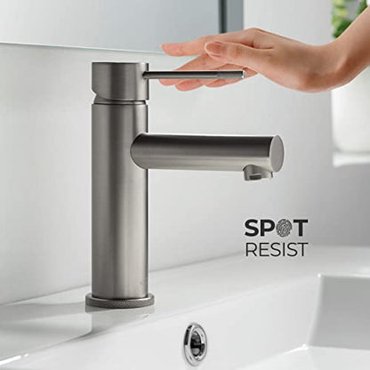 KBF1010 Solid Brass Single Handle Bathroom Sink Faucet, Circular X Single Hole Bathroom Faucet with Pop Up Drain | High Arc Spout | Brushed Nickel | Corrosion and Rust Resistant - color: Brushed Nickel W/ Pop Up Drain