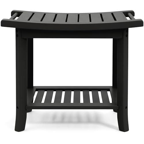 Teak shower bench with Storage Shelf, Shower Stool for Inside Shower, Waterproof Shower Bench Seat, Shower Chair for Inside Shower, Wood Bench, Bathroom Bench (Natural Wood) (Black Wood) - color: Black Wood