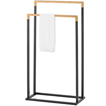 MyGift 33 Inch Free Standing Towel Rack for Bathroom, Freestanding Bath Towel Holder with 2 Tier Bamboo Wood Bar and Black Chrome Plated Metal, Drying Rack Stand Laundry - size: 2 Tiers