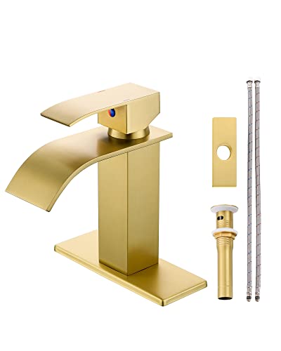 Gold Bathroom Faucet, Waterfall Sink Faucet with Drain for 1 or 3 Hole | YardMonet Brushed Gold Bathroom Sink Faucet, Modern Waterfall Spout Faucet with Drain Assembly and Hose, 304 Stainless Steel - size: Short
