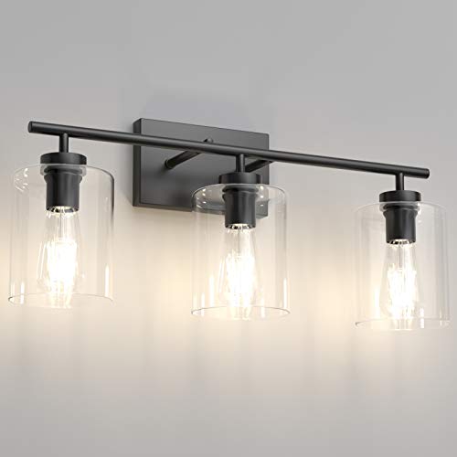 Aipsun 3 Lights Black Vanity Light Fixtures Over Mirror with Clear Glass Shades Industrial Wall Light Fixture for Bathroom(Exclude Bulb) - size: 24.4 inch