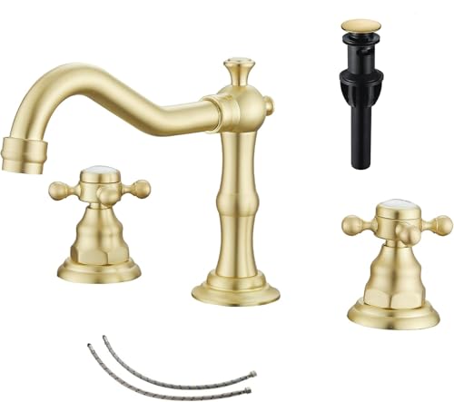 Brushed Gold Bathroom Faucet 2 Handles 3 Holes Widespread Bathroom Sink Facuet Washingroom Faucet Mixer Tap wiith Pop Up Drain - color: Brushed Gold, style: Ceramic Cover