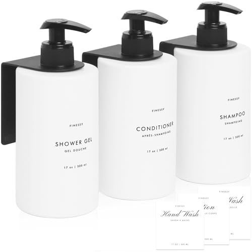 FINESSY Shower Soap Dispenser Wall Mounted 3, Shampoo Conditioner Holder | 3 Plastic 17Oz Bathroom Shower Dispensers, Stainless Steel Brackets. RVs & Kitchen White Shampoo Bottles Refillable With Pump - color: Minimalist White