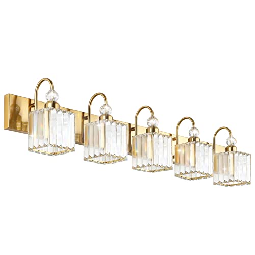 Ralbay Gold Crystal 5-Light Bathroom Vanity Lights Over Mirror Modern Crystal Gold Bathroom Vanity Lighting - color: Square-Gold, size: 5-light