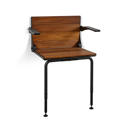 Silhouette Comfort Plus Folding Shower Seat with Armrests & Legs – Heavy-Duty Wall-Mounted Shower Bench, Teak Wood Seat with Black Frame - color: Black Frame, size: 18.73" x 15.25", style: Teak Wood