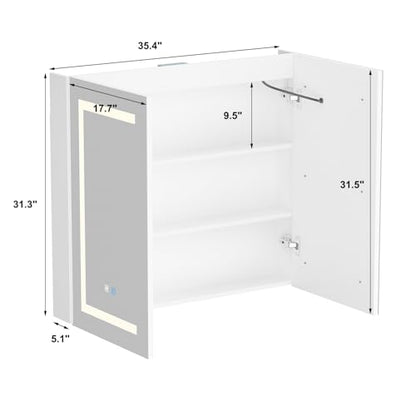 MOUMON Medicine Cabinet with LED Lighted Mirror, Anti-Fog, Wall-Mounted Bathroom Cabinet with Storage Shelves, Adjustable Lights, 2 Doors, White, 5.1”D x 35.4”W x 31.5”H