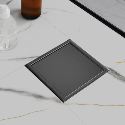 Square Shower Floor Drain with Flange, Shower Drain 6 inch with 2 in 1 Tile-Insert Cover, SUS 304 Stainless Steel, Matte Black - color: Matte Black, size: Ultra flat surface