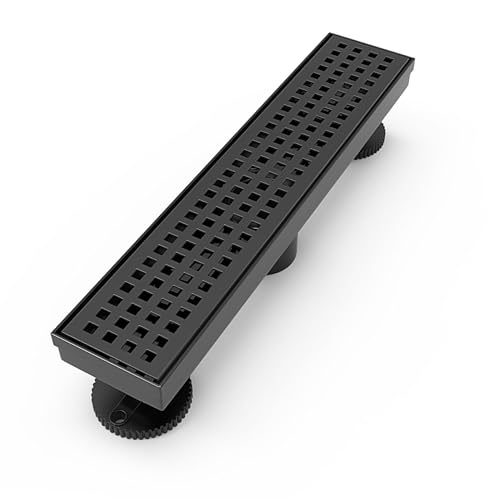 WEBANG 12 Inch Linear Shower Drain Rectangular Floor Drain with Accessories Square Hole Pattern Cover Grate Removable SUS304 Stainless Steel CUPC Certified Matte Black - color: Matte Black, size: 12 Inch