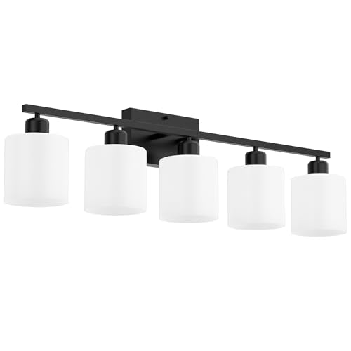 Bathroom Black Lighting Fixtures Over Mirror, Anti-Rust 5-Light Bathroom Vanity Lights,Milky White Glass Shades - color: Black-5Light