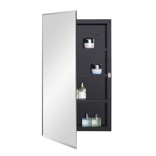 IDYLLOR Black Plastic Medicine Mirror Cabinet for Bathroom with 16 x 28 inch Beveled Edge Mirror, Recessed and Surface Mount - color: Black, size: 16x28 inch Beveled Edge Mirror