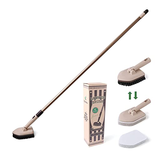 Eyliden Shower Scrubber with Long Handle, 2 Type Head, Tile Tub Scrub Brush | 49" Handle, 2 Different Function Cleaning - 1 Stiff Bristle + 2 Non-Scratch Pads, for Bathroom Grout Sink Glass Kitchen Floor