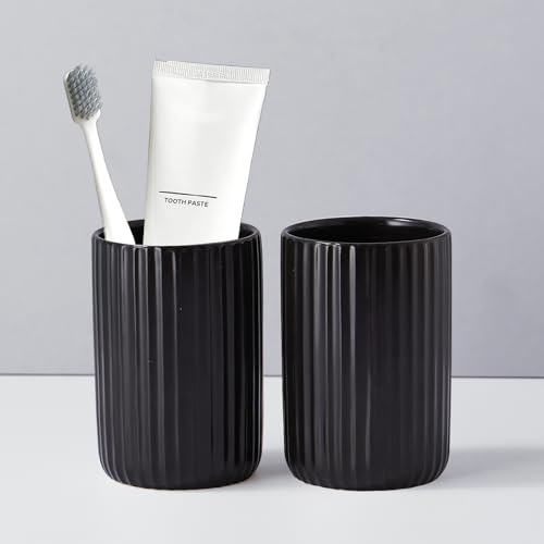 Black Toothbrush Holder, Ceramic Tooth Brush Holder Set, Ribbed Bathroom Cups Tumbler, Reusable Toothbrush Mouthwash Cup, Toothpaste Holder Toothbrush Organizer for Bathroom Counter - color: Ribbed-black